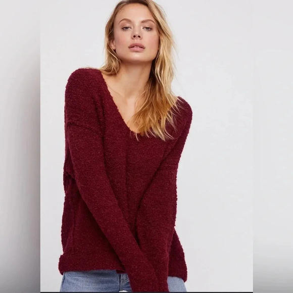 Free People boucle burgundy sweater oversized boho hippie slouchy cozy - Picture 1 of 7